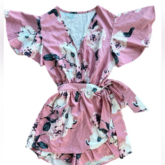 Zaful Women’s  Pink Floral Plunging Neck Layered Romper Medium - Picture 2 of 5
